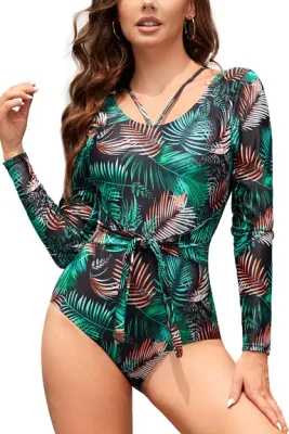 One-Piece Rash Guard Swimsuit Tummy Control UPF 50+ Long Sleeve Modest Surf Suit Green Leaves