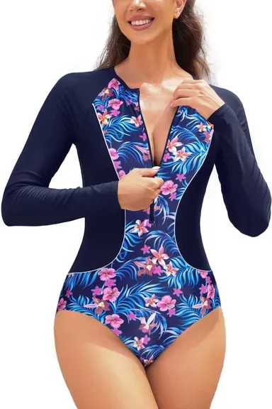 One Piece Swimsuit UV Protection UPF 50+ Long Sleeve Zip Front Modest Swimwear Navy