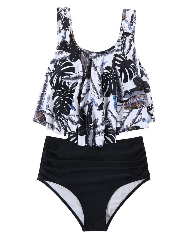 Two Piece Tankini Set Ruffled Top with High Waisted Bottom Black Floral