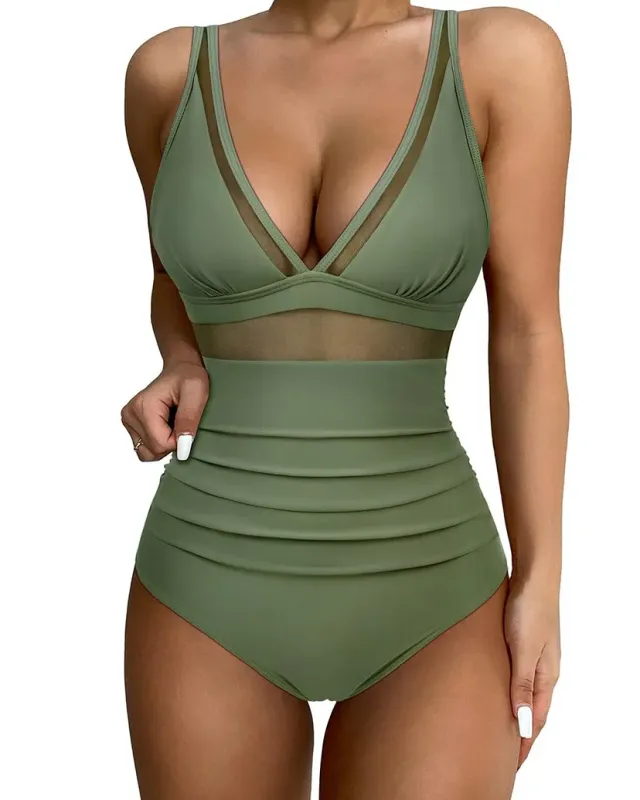 Mesh One Piece Swimsuit Tummy Control Army Green