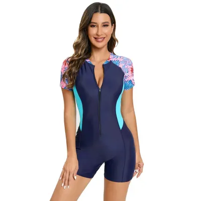 One Piece Swimsuit Short Sleeve Zipper Front Dark Blue And Pink