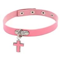 Leather Choker With Cross Pink