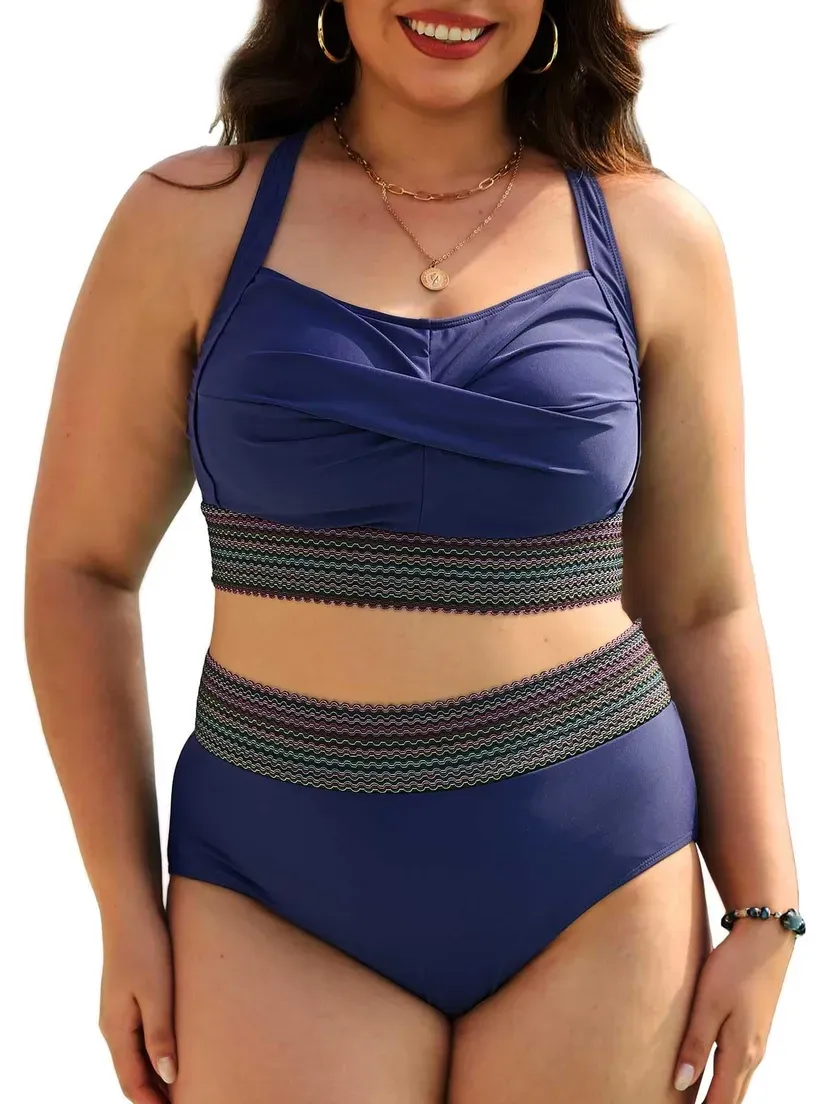 High Waisted Bikini Set Tummy Control with Push Up Top Two Piece Swimwear Navy