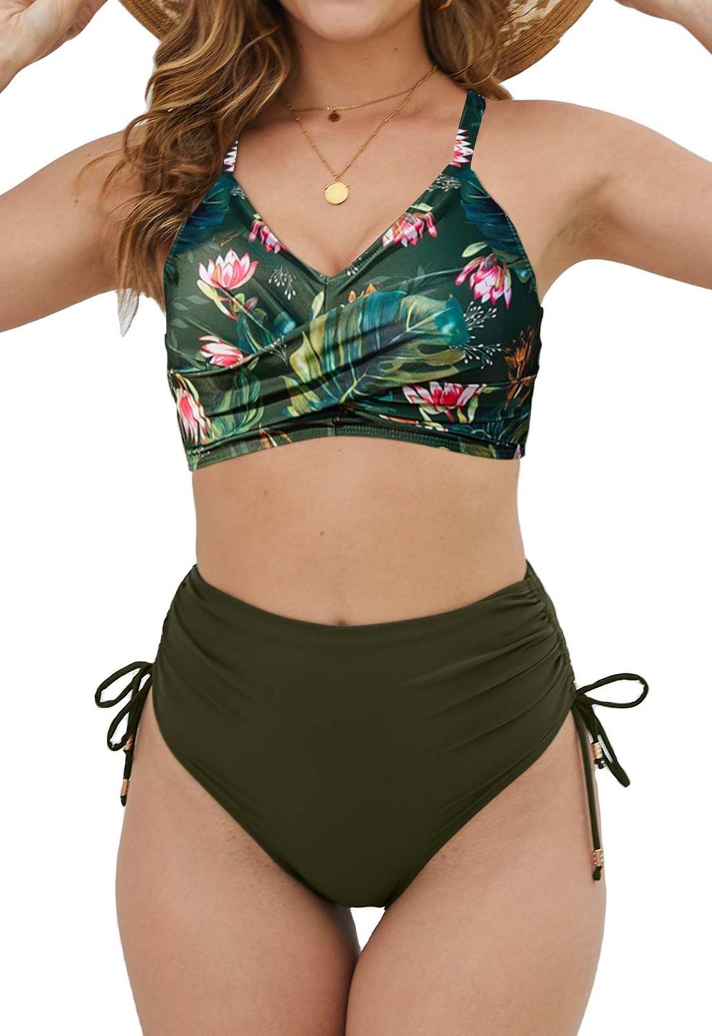 High Waisted Bikini Set Two Piece Swimsuit Tummy Control Push Up Twist Front Green