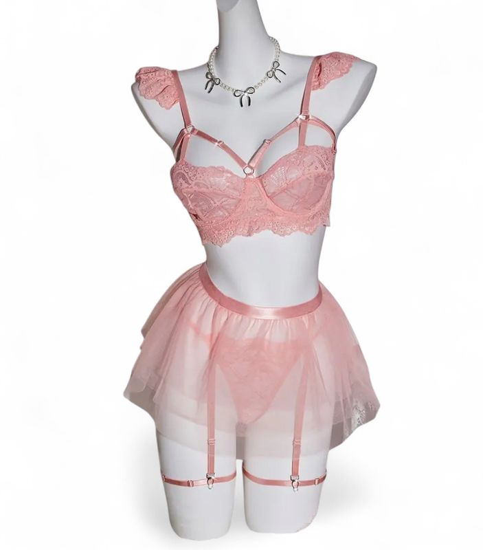 Lace Lingerie Set with Garter Belt and Sexy Tutu Skirt Light Pink