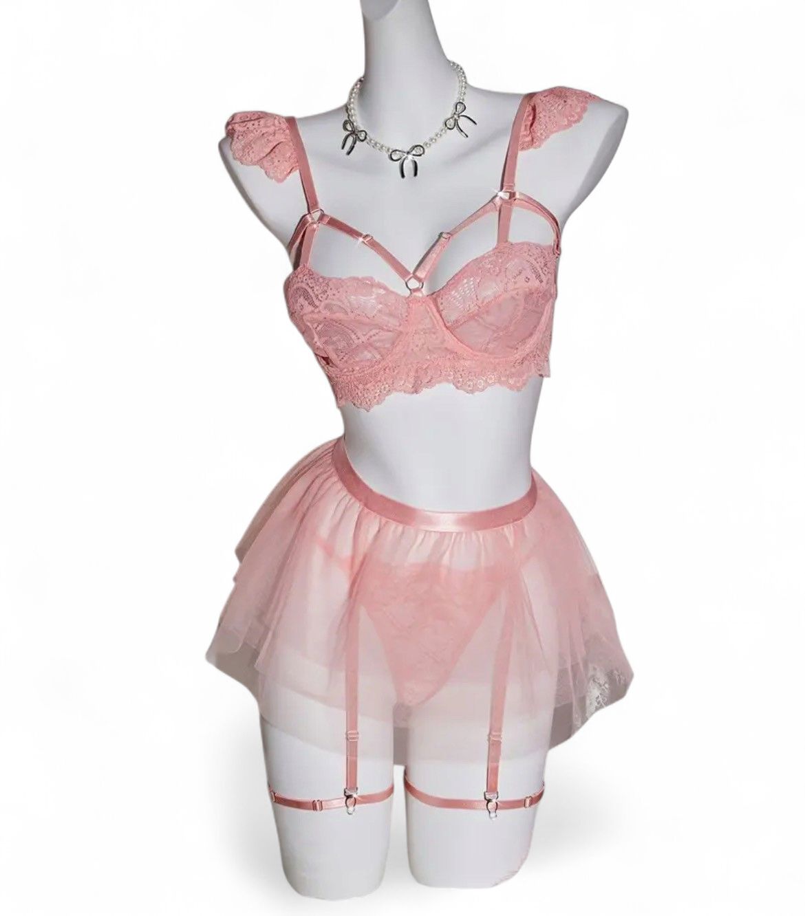 Lace Lingerie Set with Garter Belt and Sexy Tutu Skirt Light Pink