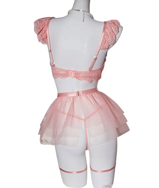 Lace Lingerie Set with Garter Belt and Sexy Tutu Skirt Light Pink