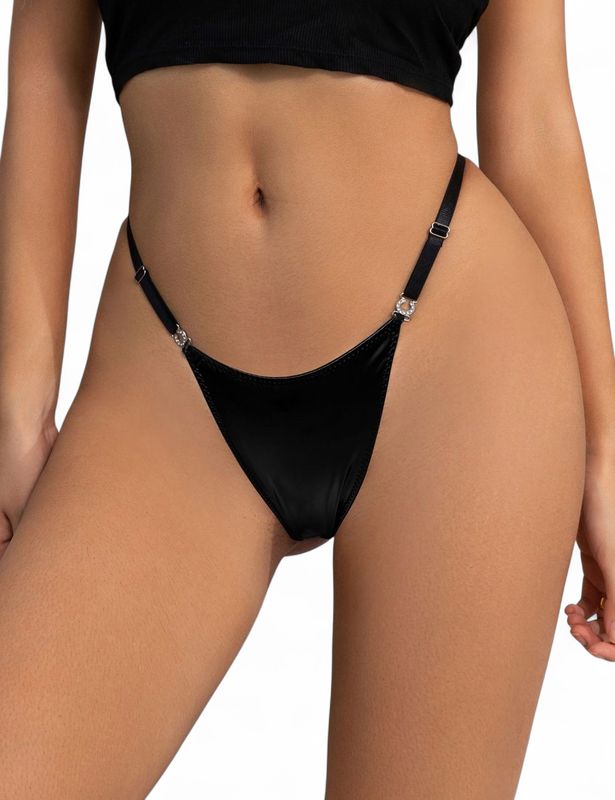 Black Sexy PU Leather Adjustable Waist Women Thong Underwear