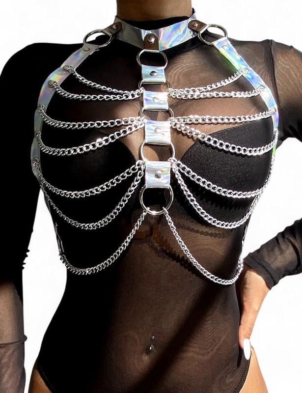 Holographic Leather Chest Harness Straps Bras Chain