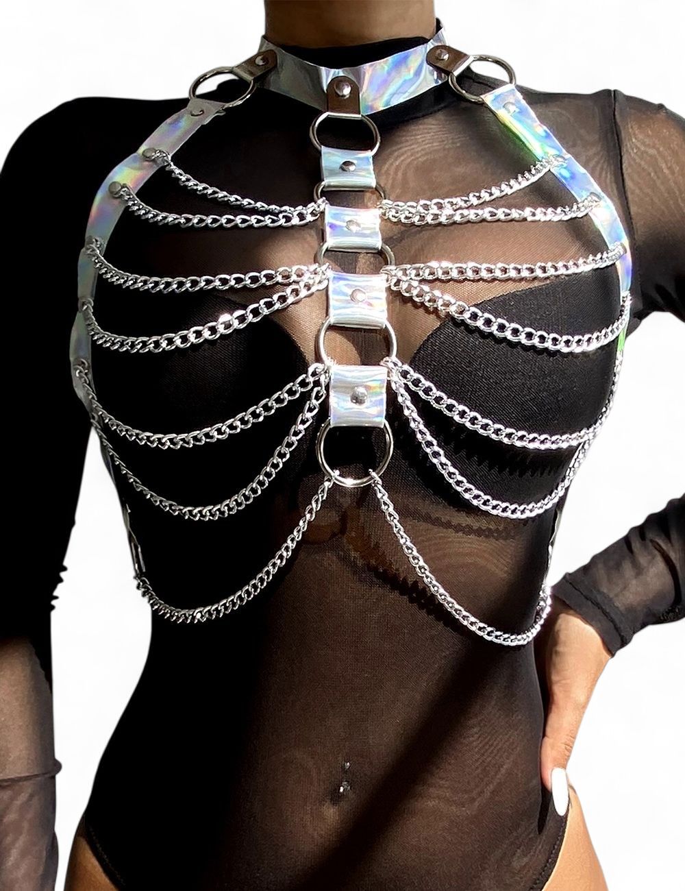 Holographic Leather Chest Harness Straps Bras Chain