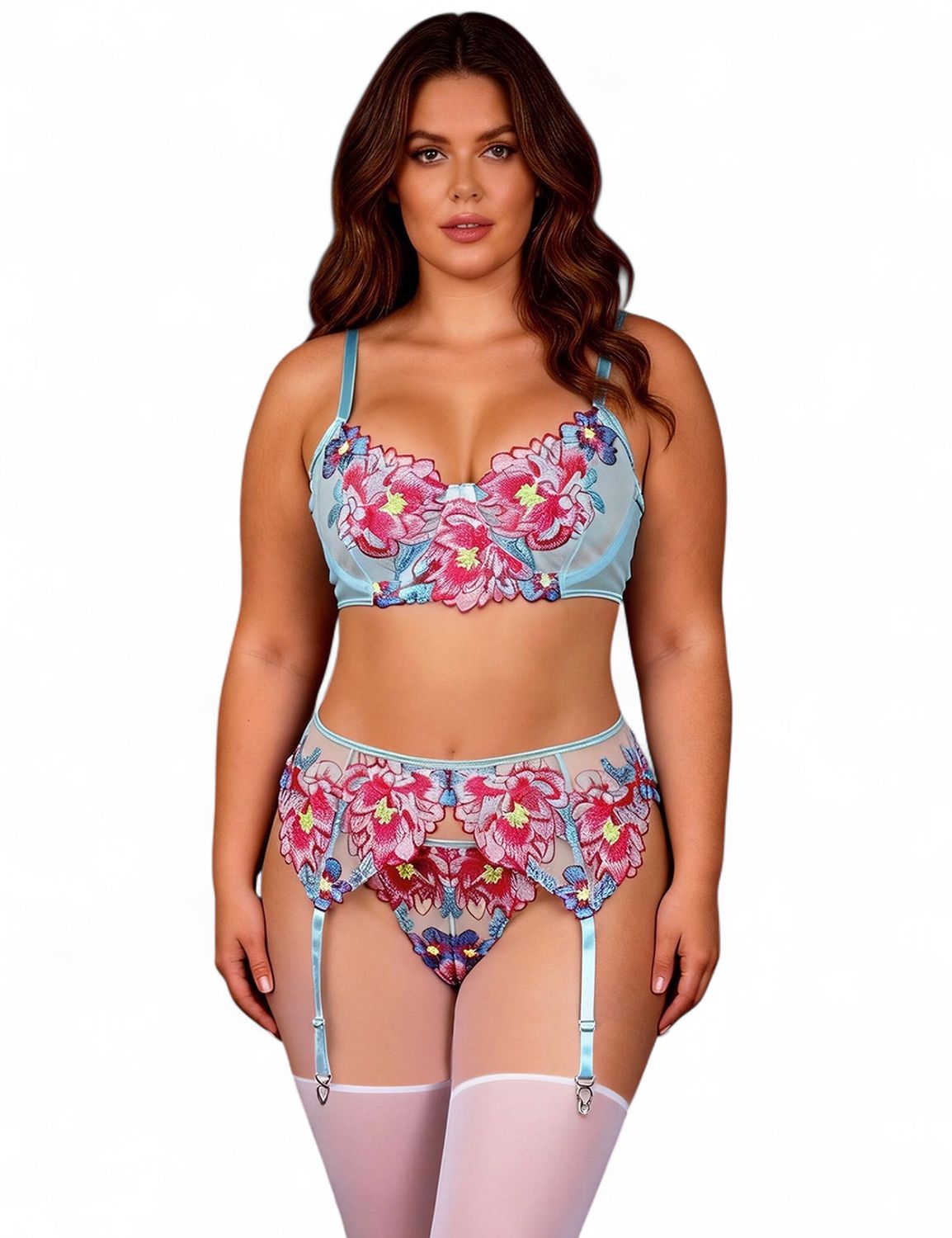 Blue Sexy Mesh Embossed Floral Bra Set with Garter Belt