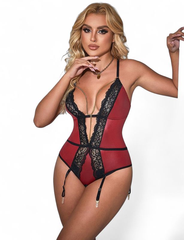 Burgundy Faux Leather Deep V Neck Halter Sexy Teddy