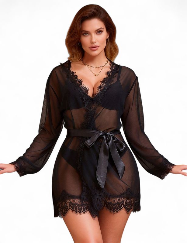 Black Sheer Lace Trim Sexy Robe With Belts