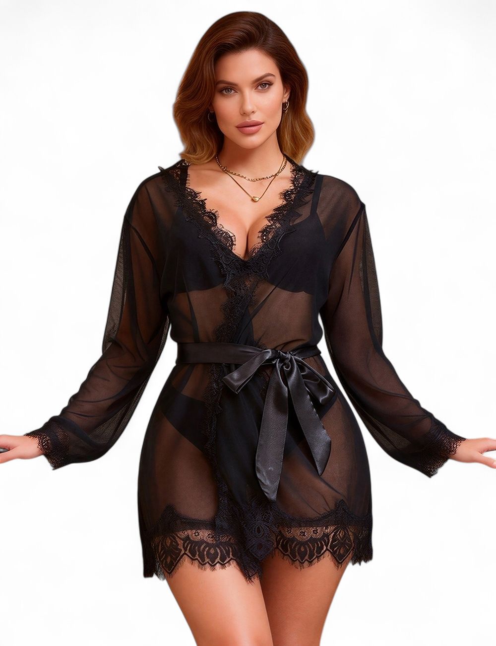 Black Sheer Lace Trim Sexy Robe With Belts