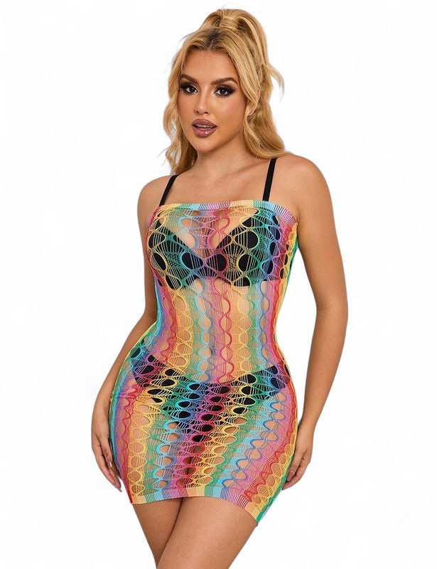 Rainbow Colorful Off Shoulder Fishnet Bodystocking