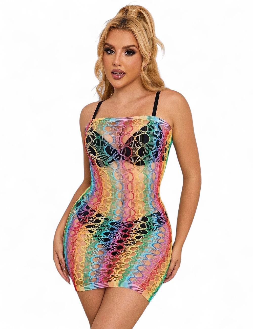 Rainbow Colorful Off Shoulder Fishnet Bodystocking