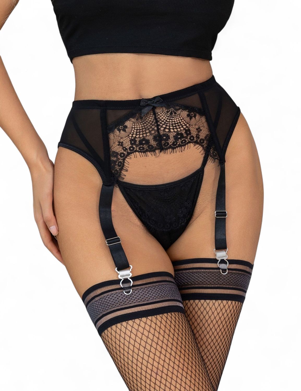Black Sexy Eyelash Lace Metal Clips Garter Panty
