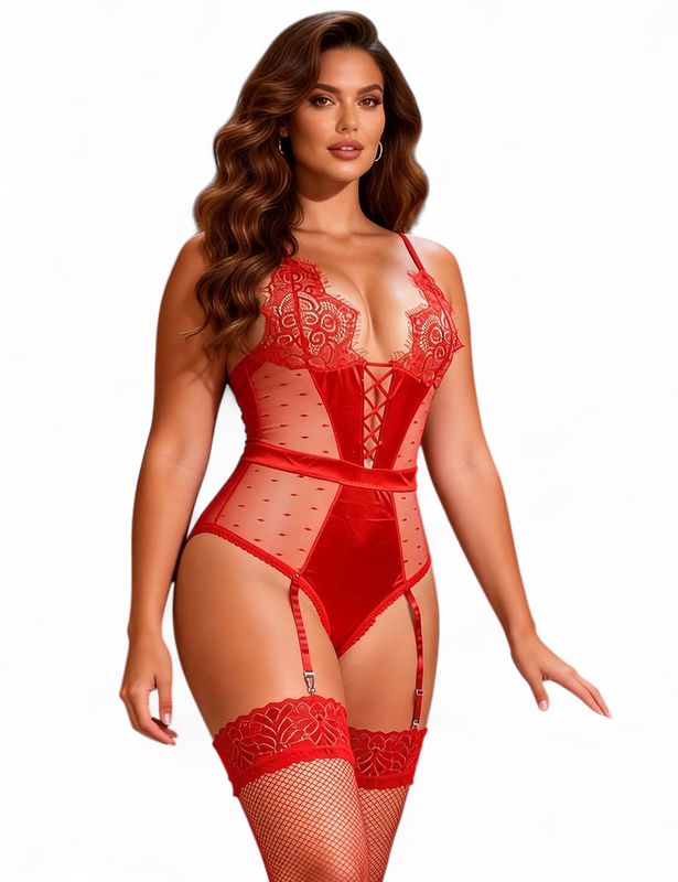 Red Deluxe Satin Lace Stitching Teddy