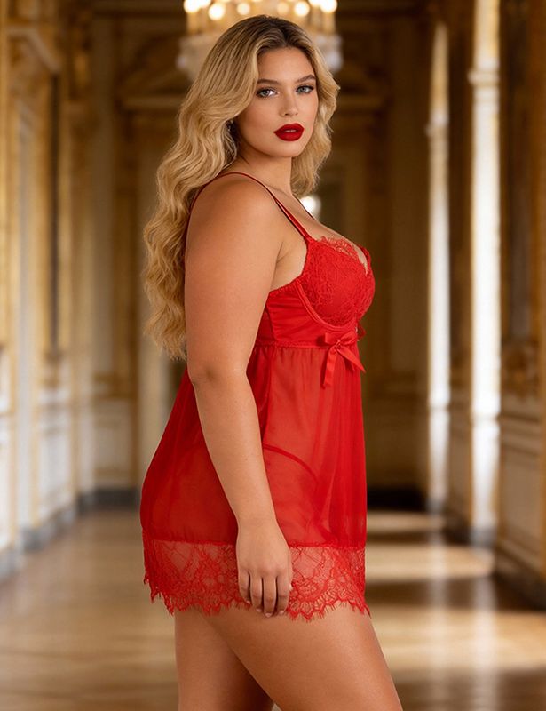 Red Sexy Eyelash Lace Mesh Cross Straps Push Up Nightdress