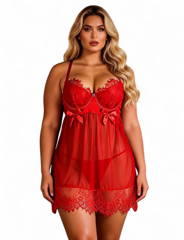 Red Sexy Eyelash Lace Mesh Cross Straps Push Up Nightdress