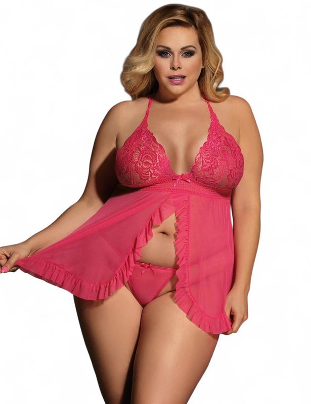 Pink Sheer Stretch Lace and Net Open Back Babydoll