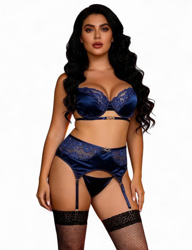 Delicate lace Stitching Exquisite metal buckle Bra And Garter Panty Set