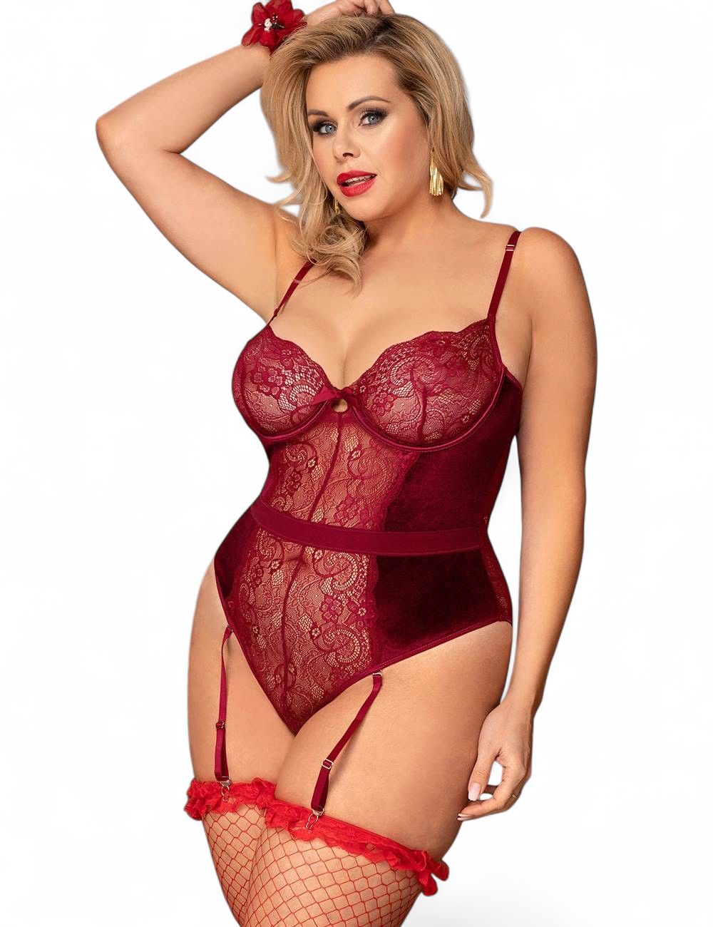 Lace Velour Bodysuit Red