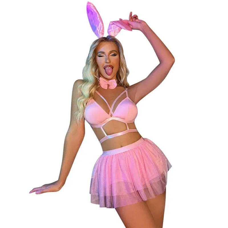 Holographic Bunny Girl Costume Set Pink