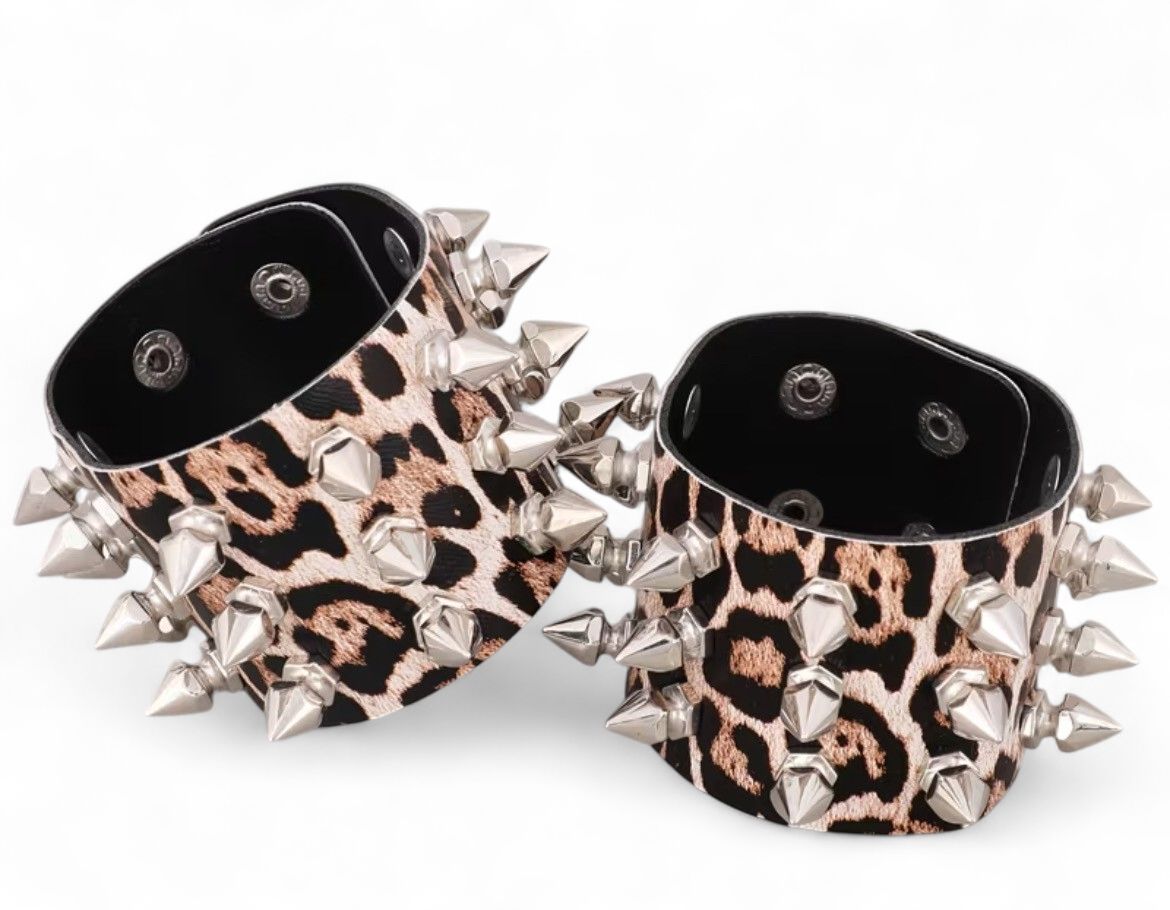 Unique Leather Bracelet With Spikes Leopard Print