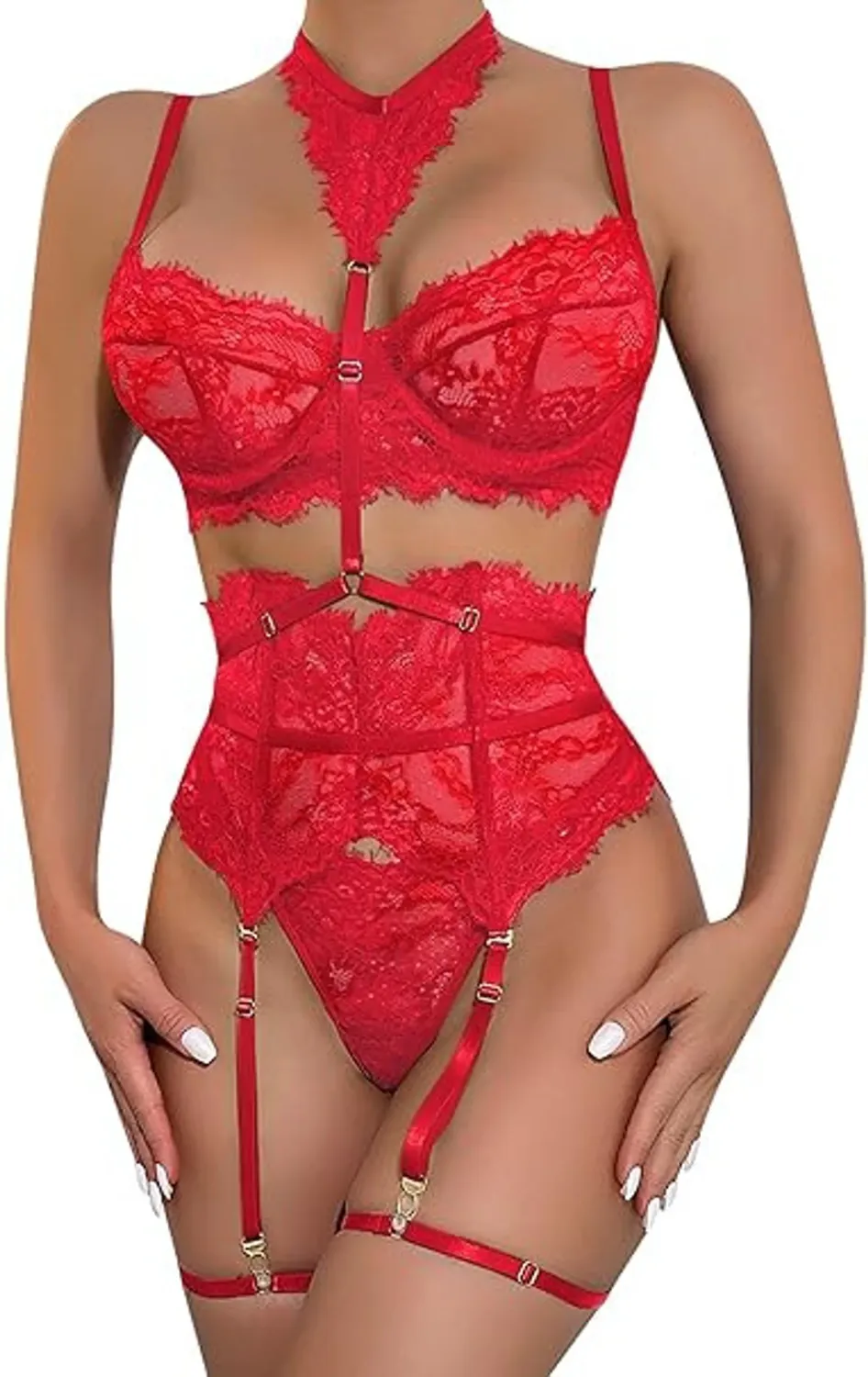 Lace Lingerie Set With Choker Red