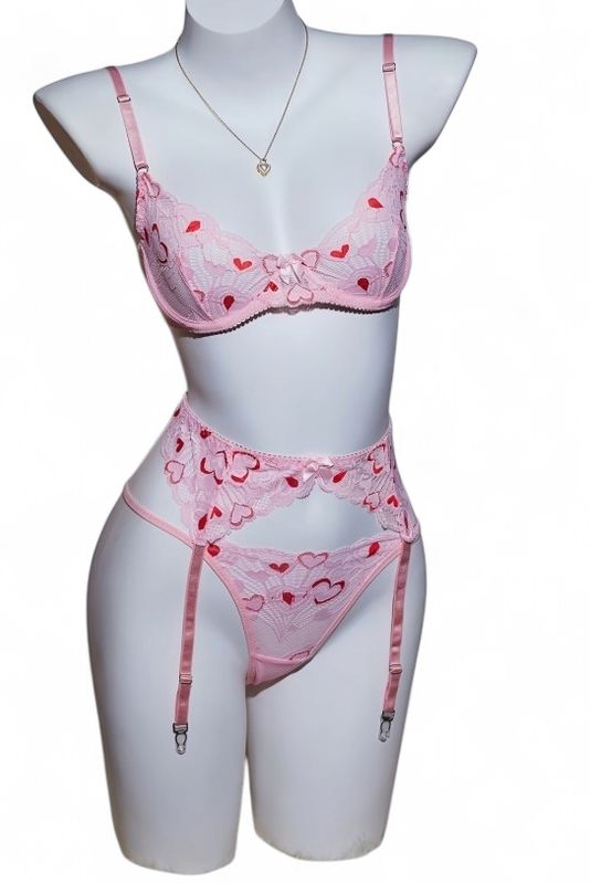 Pink Lace Garter Lingerie Set