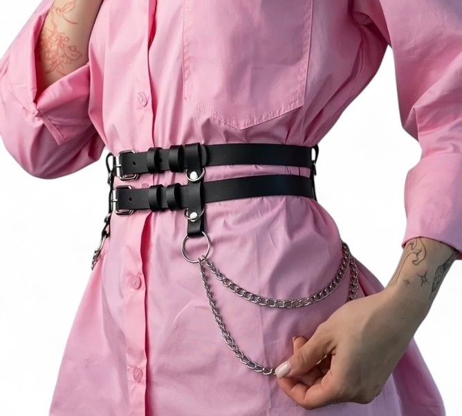 Double Black Leather Belt With Chains