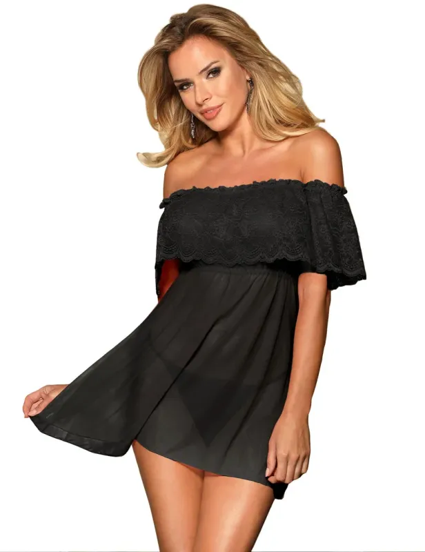 Sexy Nightwear  Off-Shoulder Floral Lace Babydoll