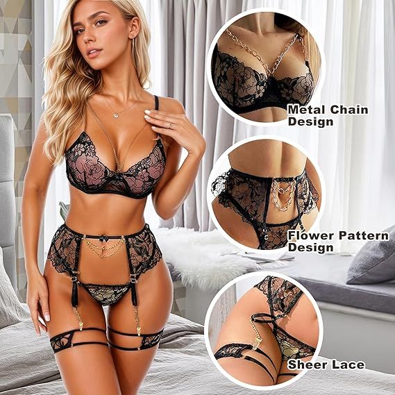 Lace Teddy Lingerie Set with Chains Black