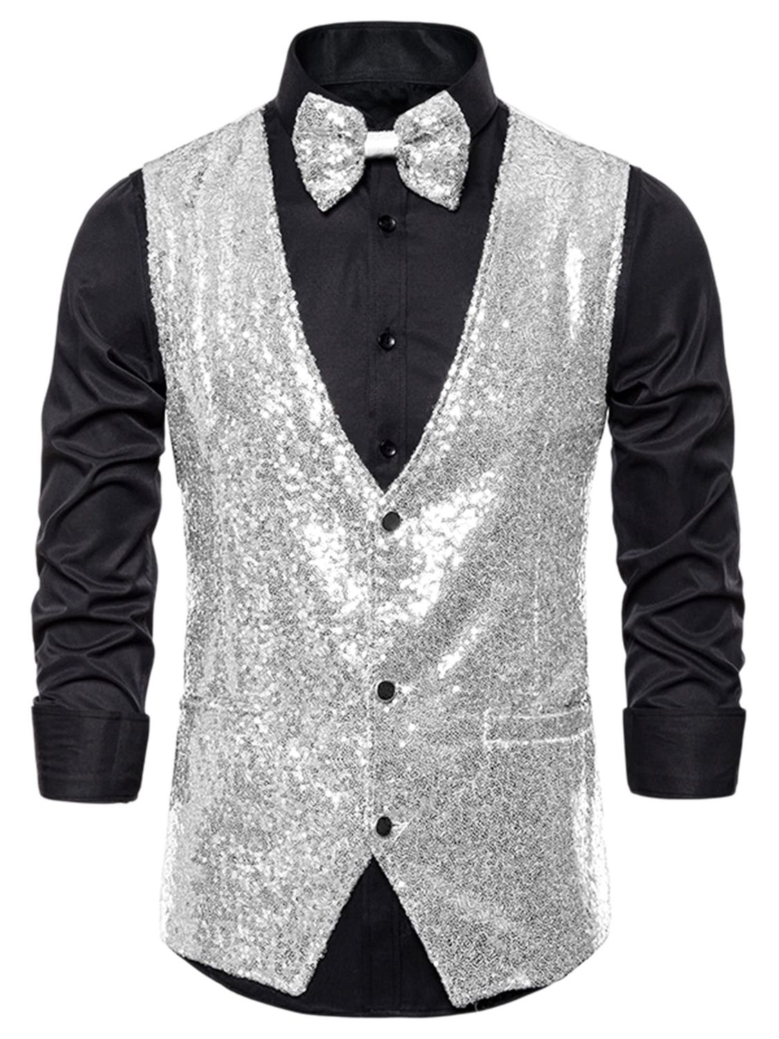Shiny Sequin Waistcoat Sleeveless Disco Party Suit Vest with Bow Tie Silver