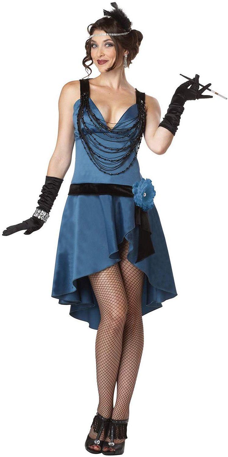 1920s Flapper Charleston Vintage Blue Fringe Dress Costume with Headband