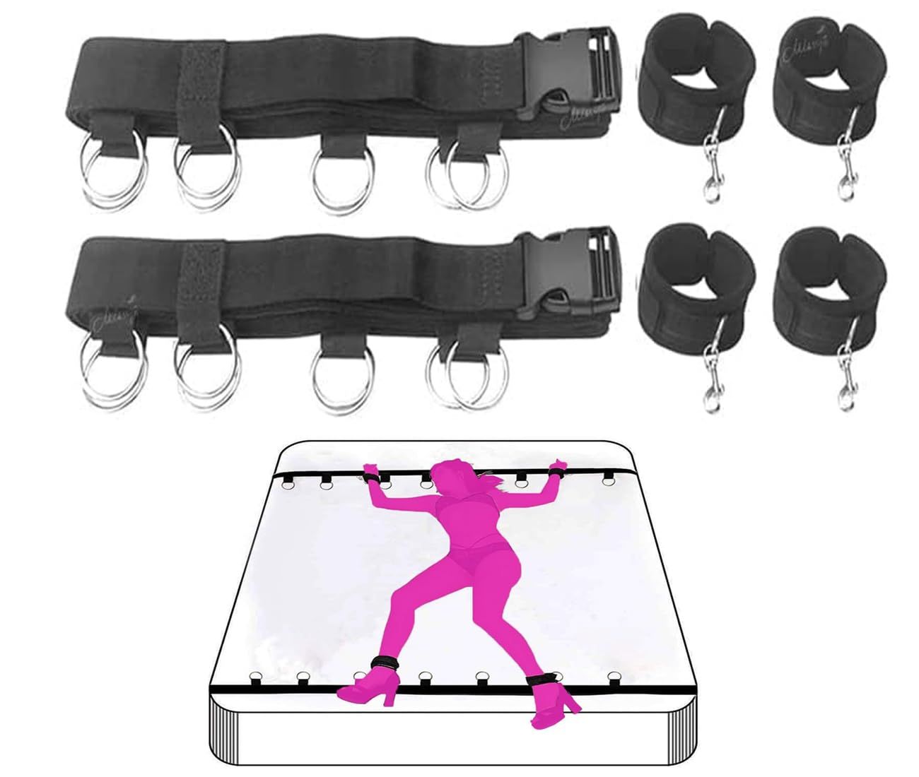 Bed Bondage Restraints Kit - Cuffs, Blindfold &amp; Straps for Couple Black and Purple