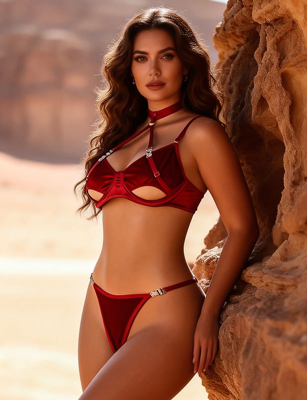 Red Sexy Velvet Hollow Cut Halter Bra Set