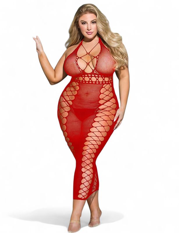 Red Sexy Fishnet Hollow Out Long Lingerie Babydoll
