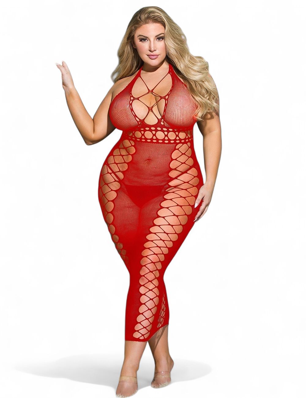 Red Sexy Fishnet Hollow Out Long Lingerie Babydoll