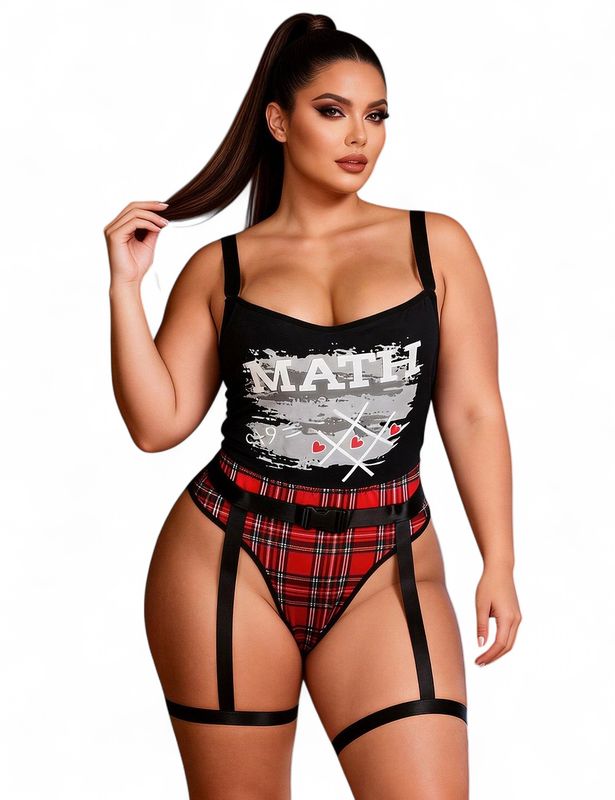 Double Shoulder Straps Red Plaid Bodysuit Costume with Wait Belt