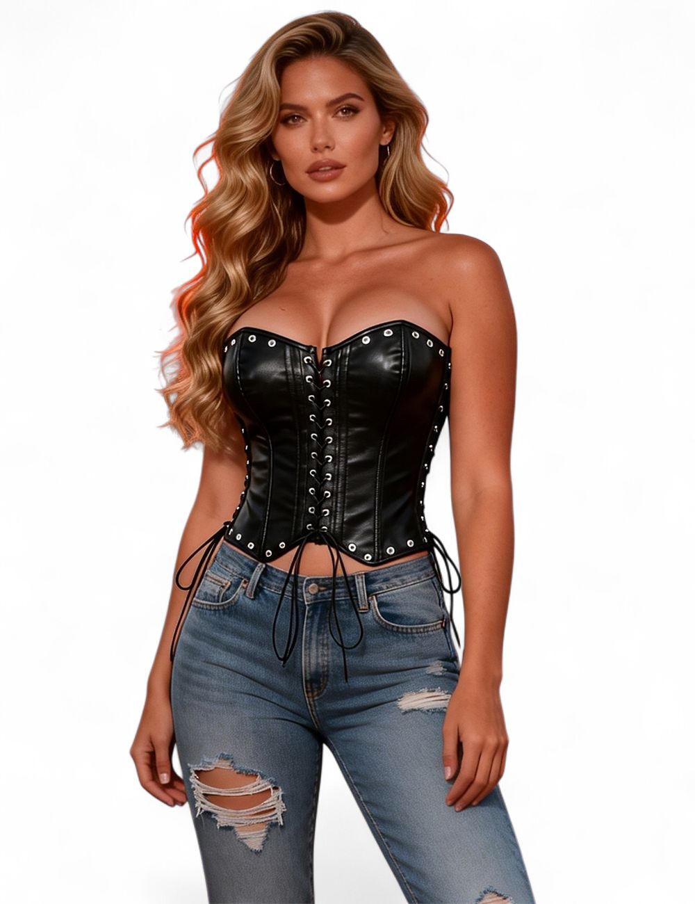 Strapless Metal Eyelets Black PU Faux Leather Corset