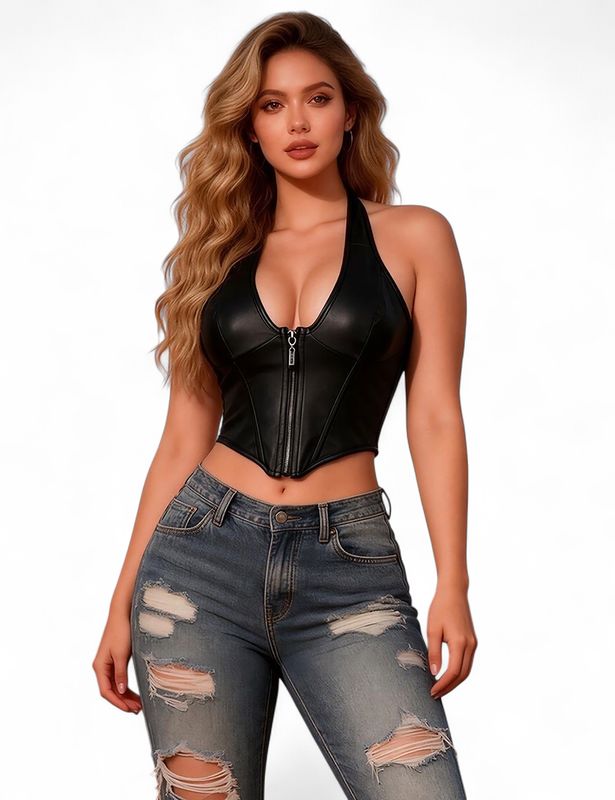 Black Halter Neck Deep V Zippered Faux Leather Corset