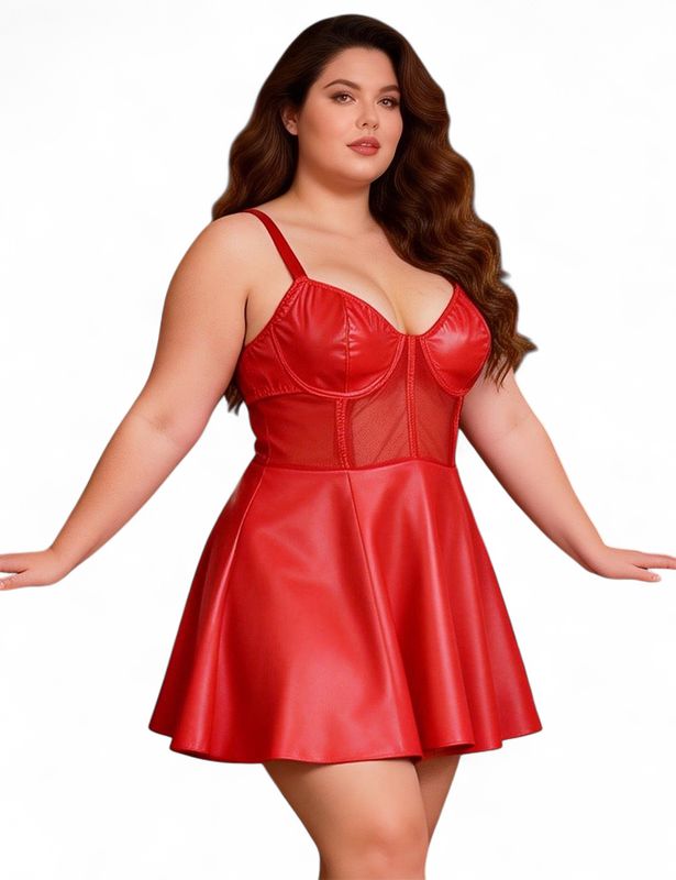 PU Leather and Mesh Dress Red Set