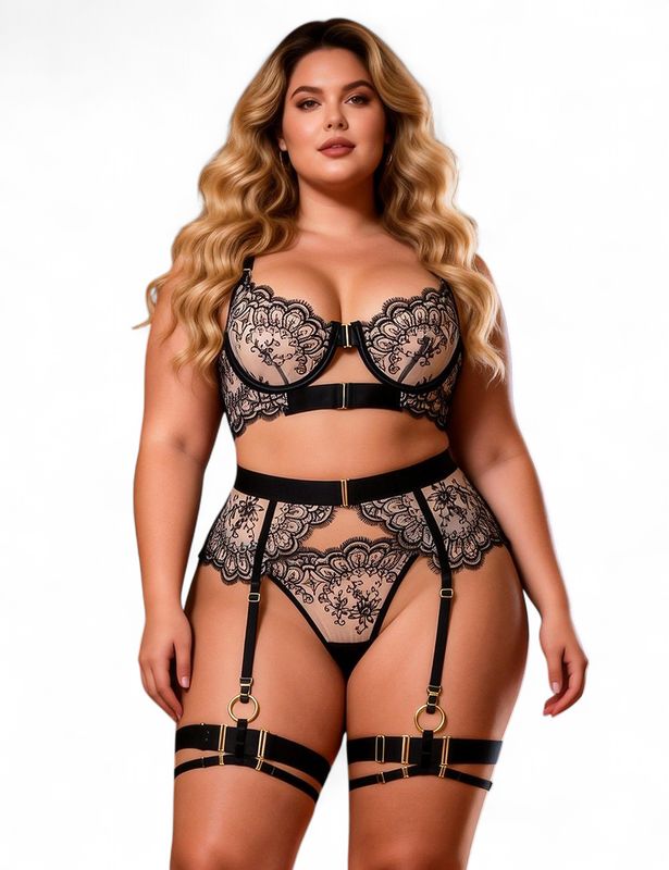 Black Sexy Mesh Embroidery Lace Garter Bra Set