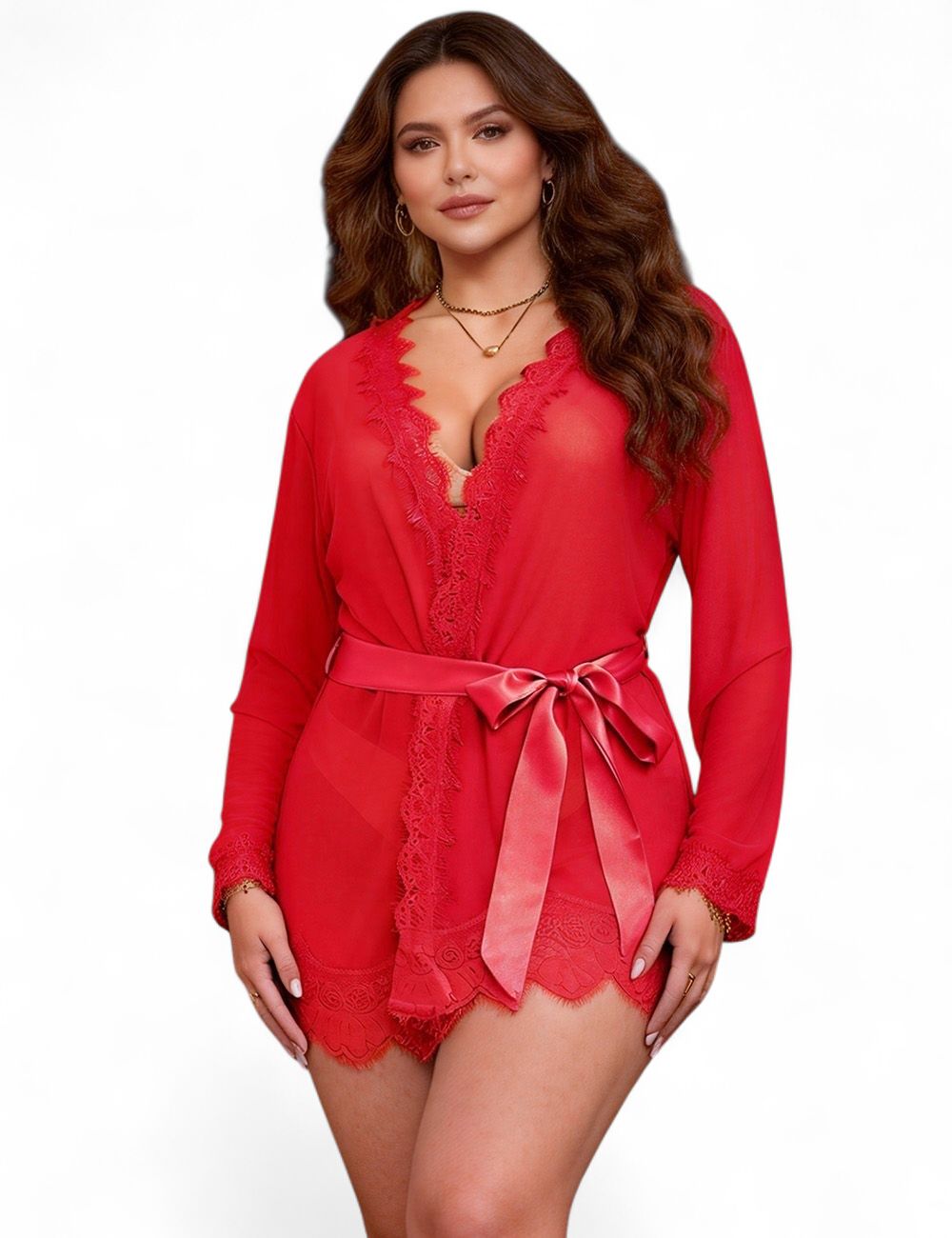 Lace Trim Robe With Thong Red
