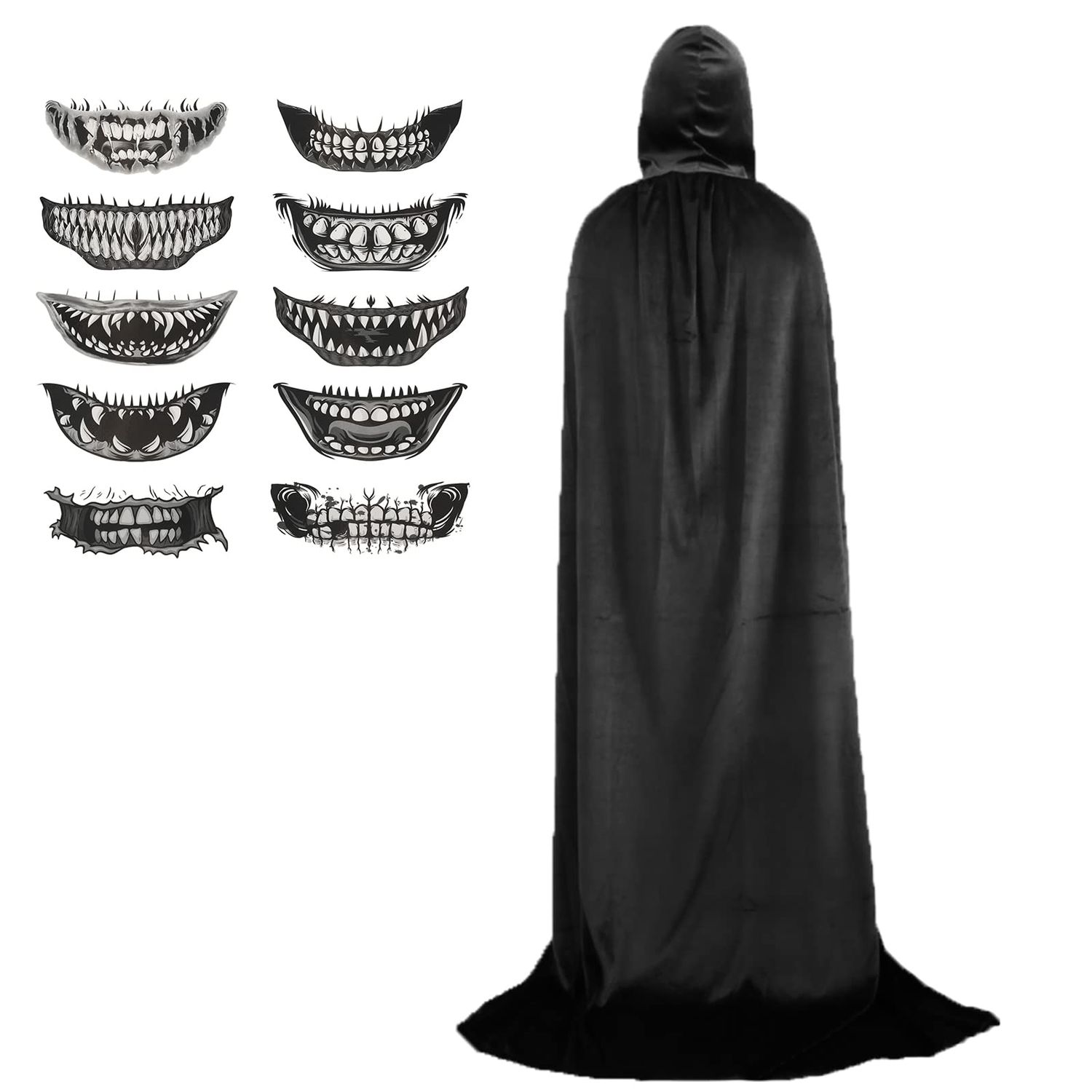 Extra Long Black Hooded Halloween Cape with Scary Mouth Tattoos