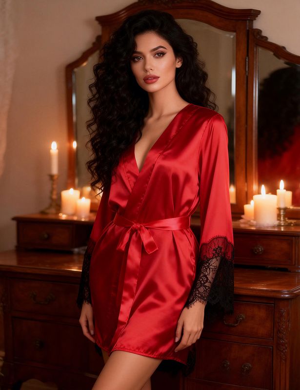 Silk See-through Lace Sexy Sleepwear With Thong Red