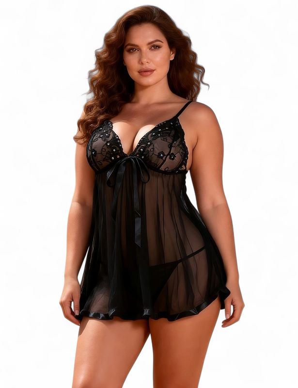 Sexy Rhinestone Babydoll Dark Black