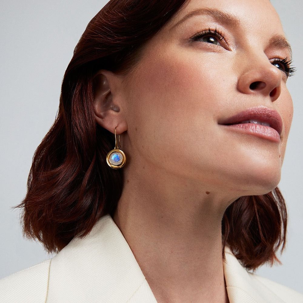 Mini Signet Gemstone Drop Earrings, Color: Moonstone and Gold